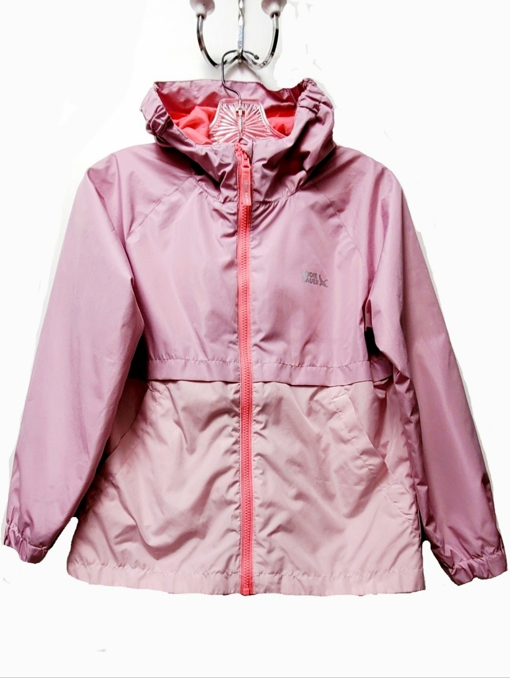Eddie Bauer Kids Pink Color Block Lightweight Zip Up Jacket Hood Sz M 10-12 Yrs